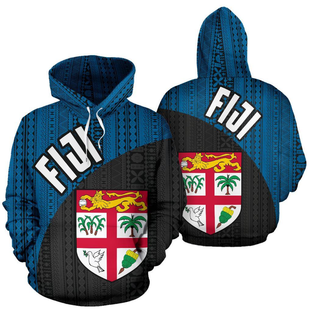 Fiji Tapa Hoodie Fiji Flag Blue Dark Unisex Black - Polynesian Pride