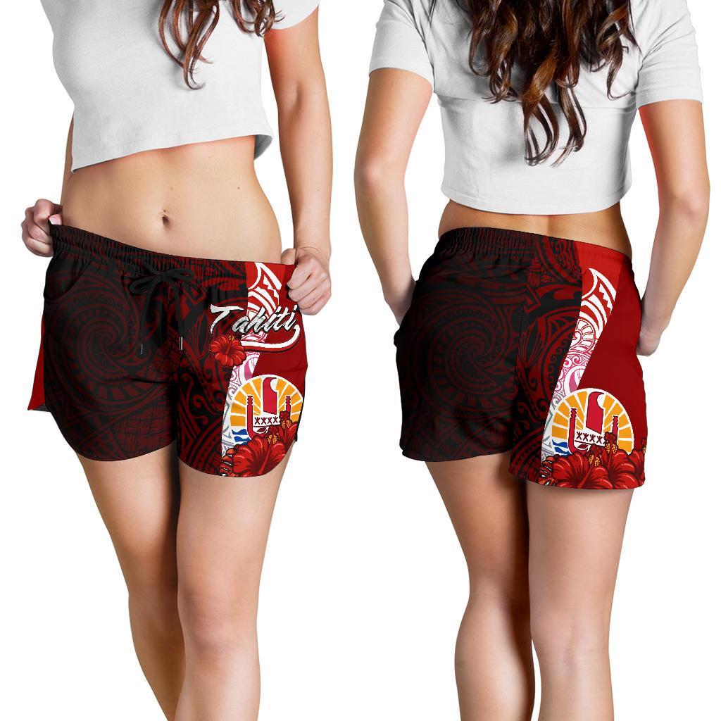 Tahiti Polynesian Women's Shorts - Coat Of Arm With Hibiscus Women Red - Polynesian Pride