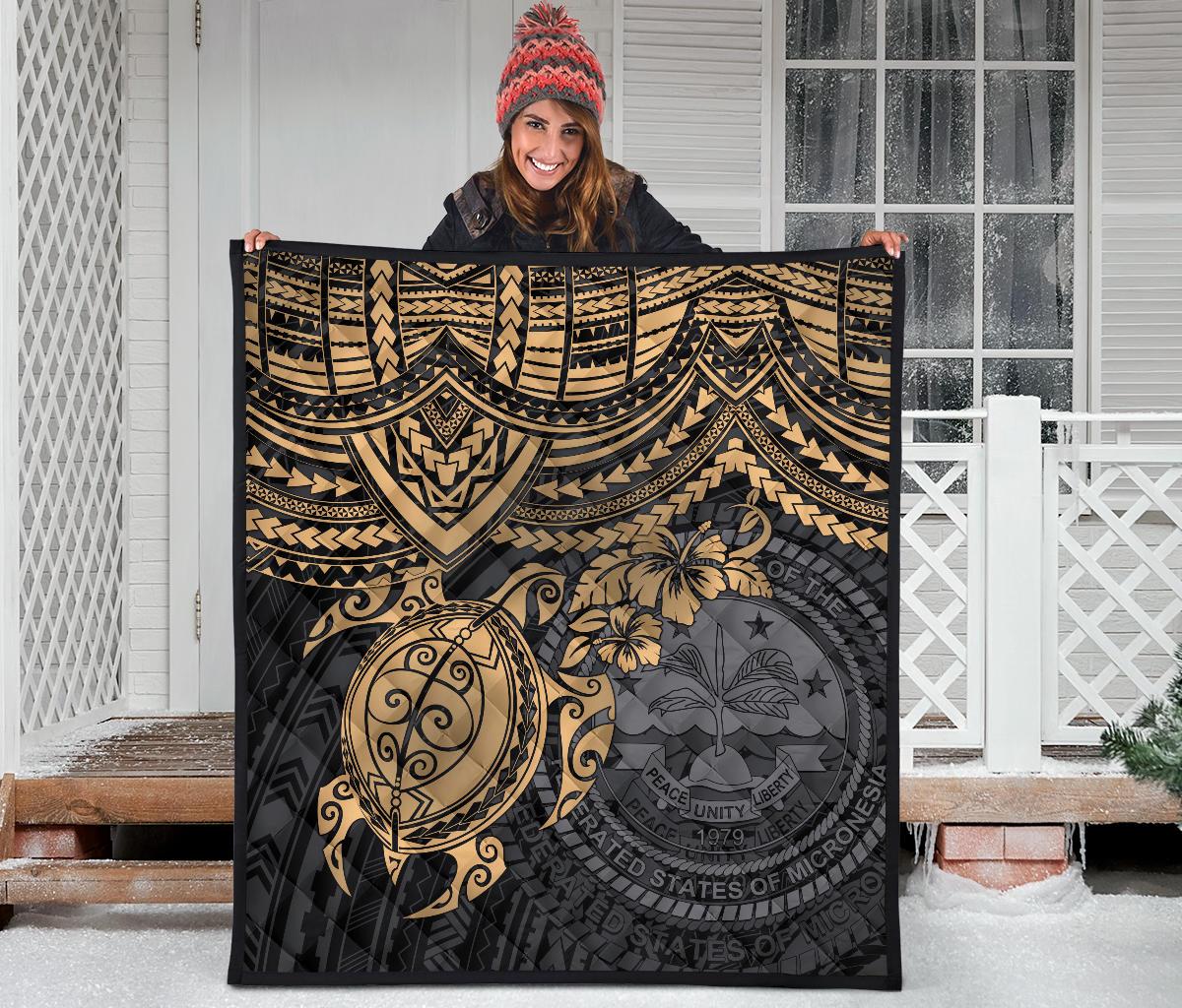 Federated States Of Micronesia Premium Quilt - Federated States Of Micronesia Seal & Golden Turtle Hibiscus - Polynesian Pride