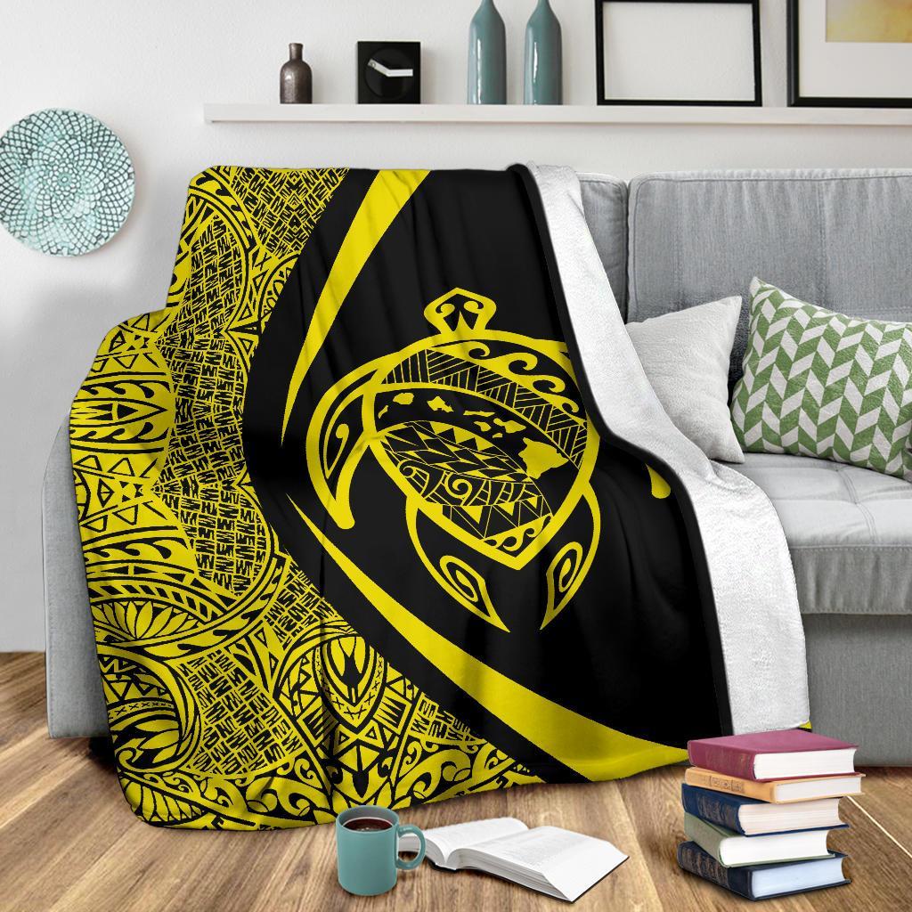 Hawaii Turtle Map Polynesian Premium Blanket - Yellow - Circle Style - Polynesian Pride