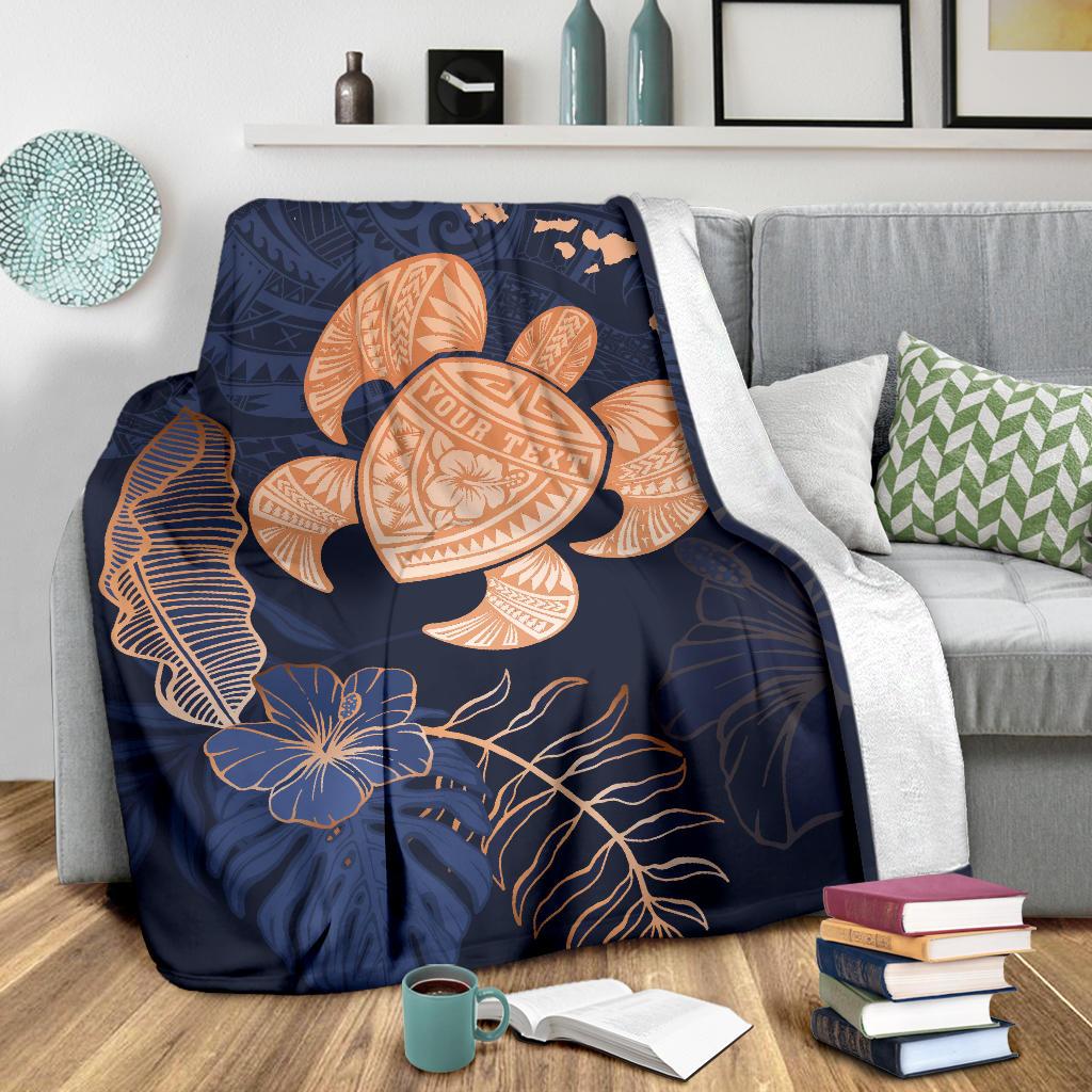 Personalized - Hawaii Kakau Polynesian Turtle Map Premium Blanket - Indigo - Polynesian Pride