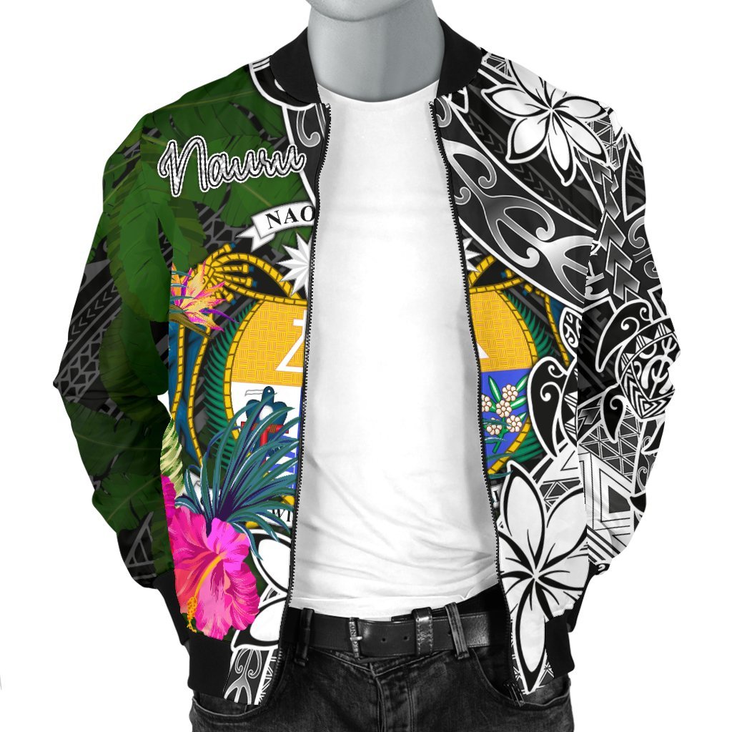 Nauru Men Bomber Jacket - Turtle Plumeria Banana Leaf Crest - Polynesian Pride
