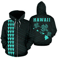 Polynesian Kakau Three Turtle Map of Hawaii Zip Hoodie Turquoise Unisex Turquoise - Polynesian Pride