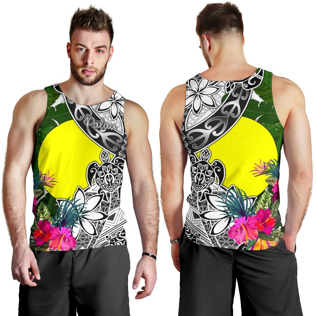 Palau Men's Tank Top White - Turtle Plumeria Banana Leaf - Polynesian Pride