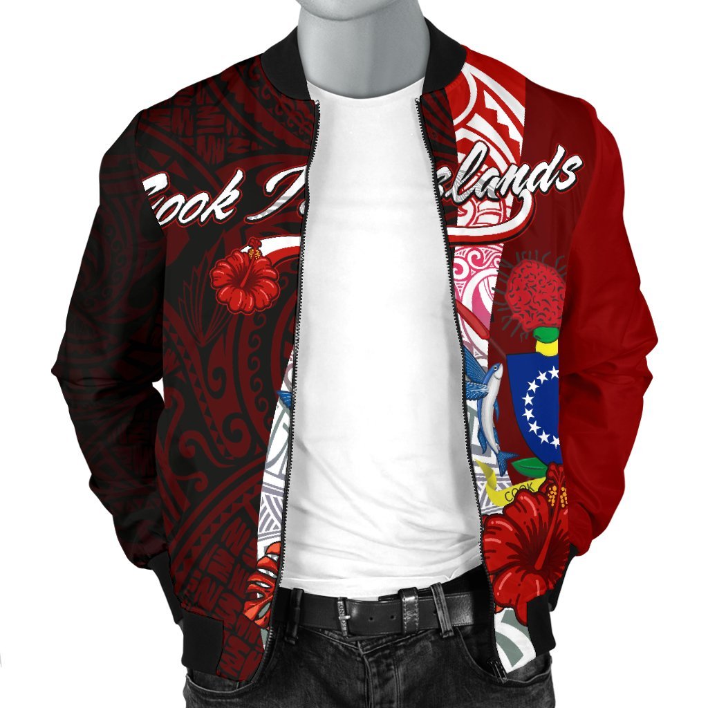Cook Islands Polynesian Men's Bomber Jacket - Coat Of Arm With Hibiscus - Polynesian Pride