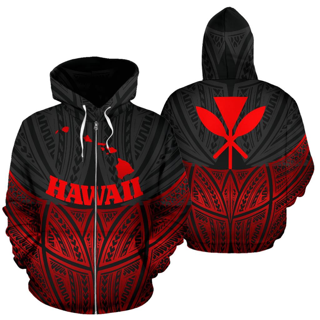 Hawaii Polynesian Zip up Hoodie Red Black Pride Map and Seal Unisex Black - Polynesian Pride