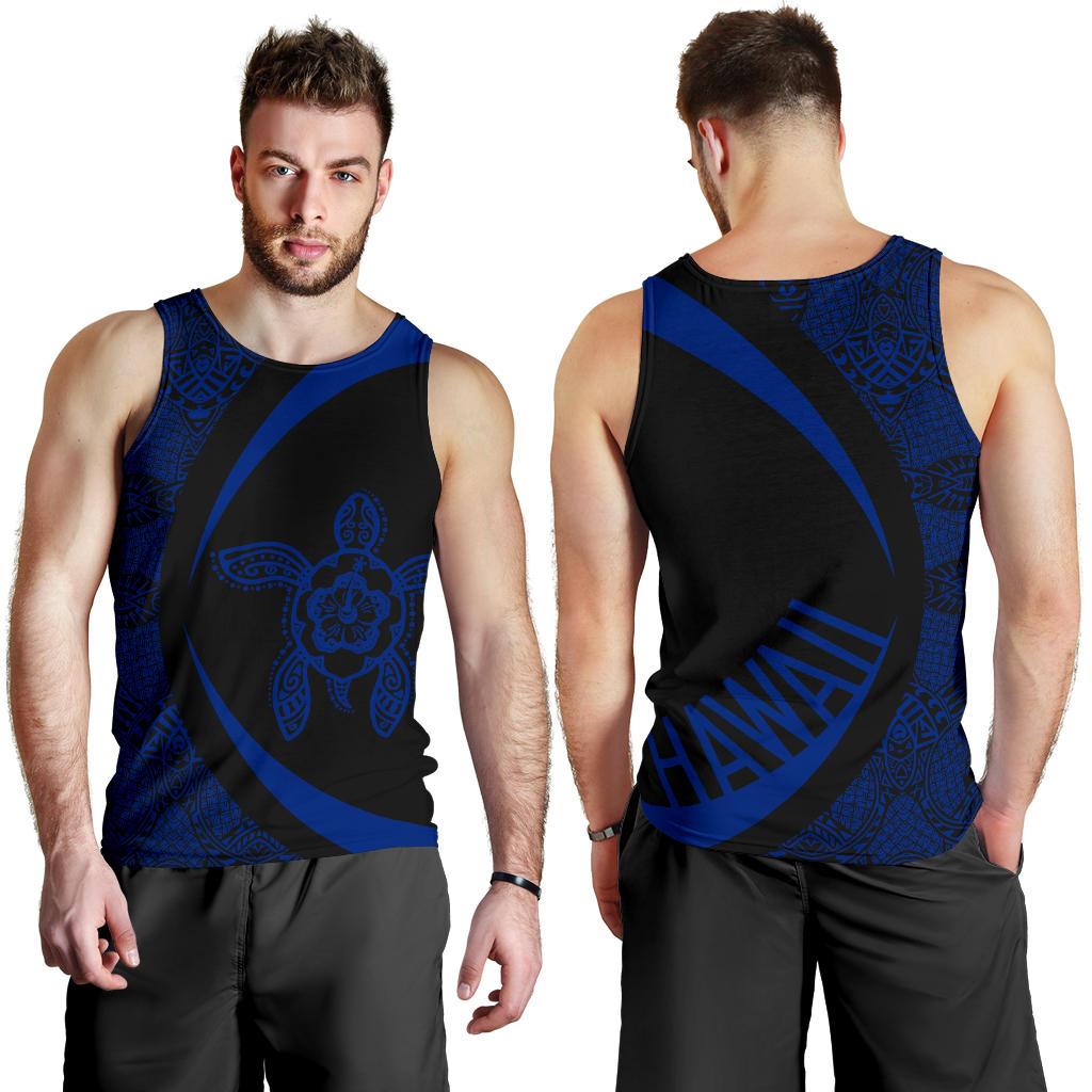 Hawaii Turtle Polynesian Men's Tank Top - Circle Style - Blue AH White - Polynesian Pride