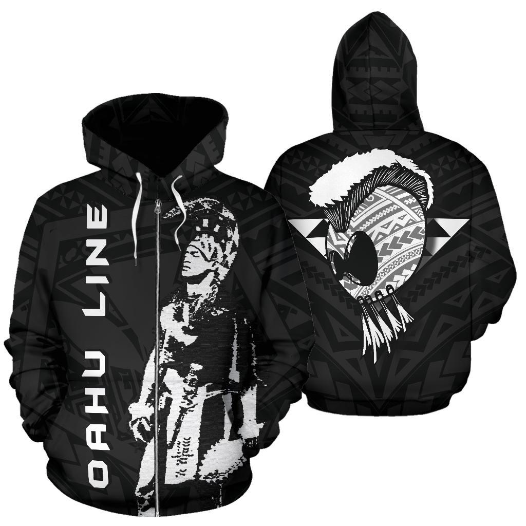 Polynesian Oahu Line Helmet Warrior Hawaii Zip Hoodie Unisex Black - Polynesian Pride