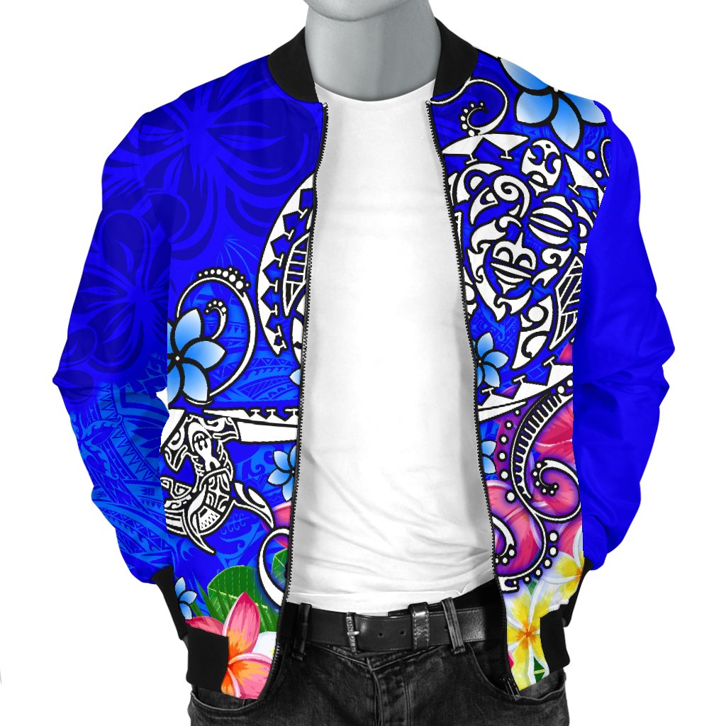 Polynesian Men's Bomber Jacket - Turtle Plumeria Blue Color - Polynesian Pride