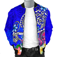 Polynesian Men's Bomber Jacket - Turtle Plumeria Blue Color - Polynesian Pride