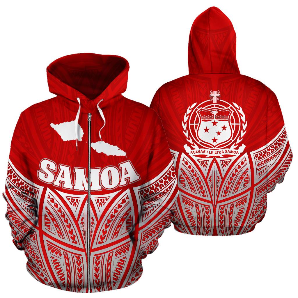 Samoa Polynesian Zip up Hoodie Red Pride Map and Seal Unisex Red - Polynesian Pride