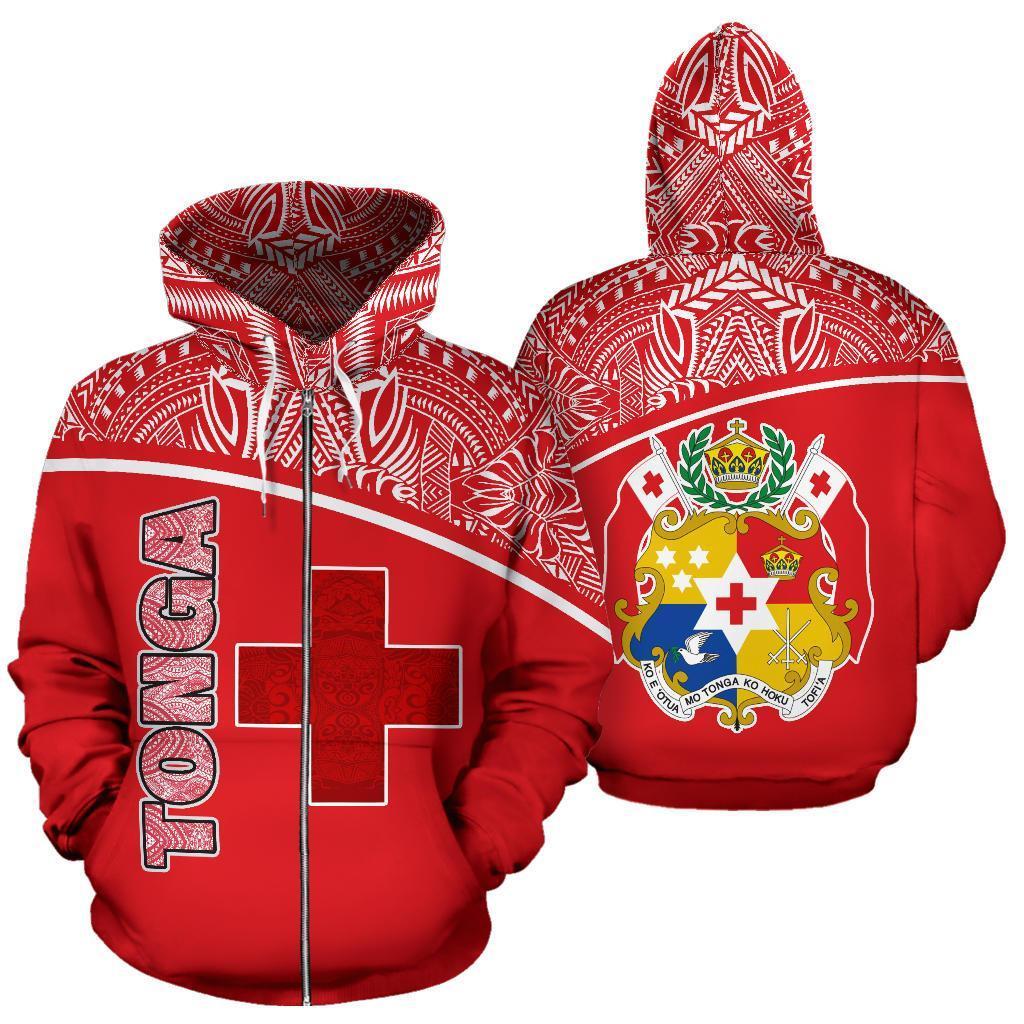 Tonga All Over Zip up Hoodie Polynesia Curve Style Unisex Red - Polynesian Pride