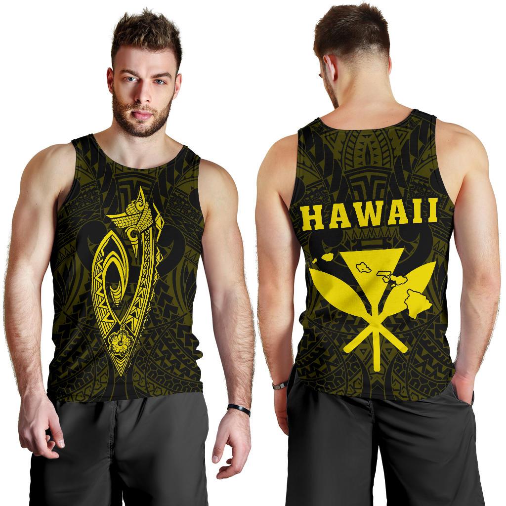Hawaii Kakau Makau Fish Hook Kanaka Map Men's Tank Top Polynesian - Yellow Yellow - Polynesian Pride