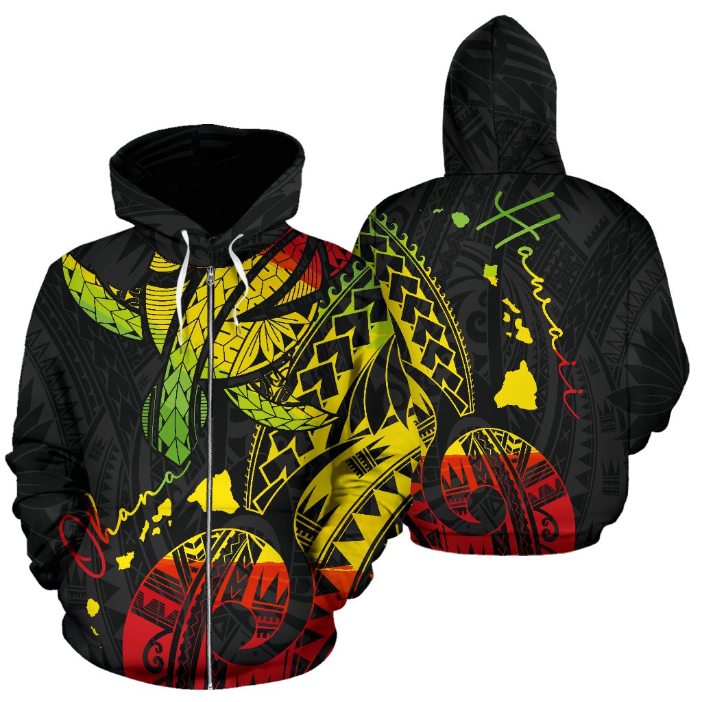 Hawaiian Reggae Turtle Zip Hoodie Unisex Black - Polynesian Pride
