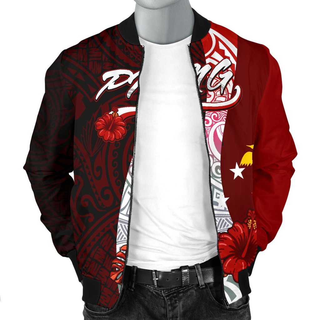 Papua New Guinea Polynesian Men's Bomber Jacket - Coat Of Arm With Hibiscus - Polynesian Pride
