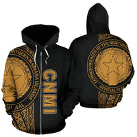 Northern Mariana Islands Polynesian All Over Zip up Hoodie Gold Line Unisex Gold - Polynesian Pride
