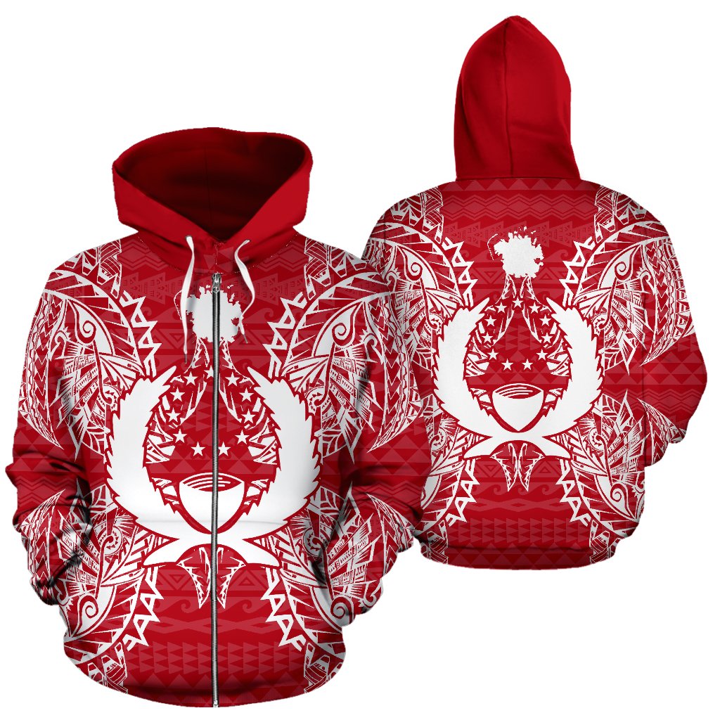 Pohnpei Polynesian All Over Zip up Hoodie Map Red White Unisex Red - Polynesian Pride