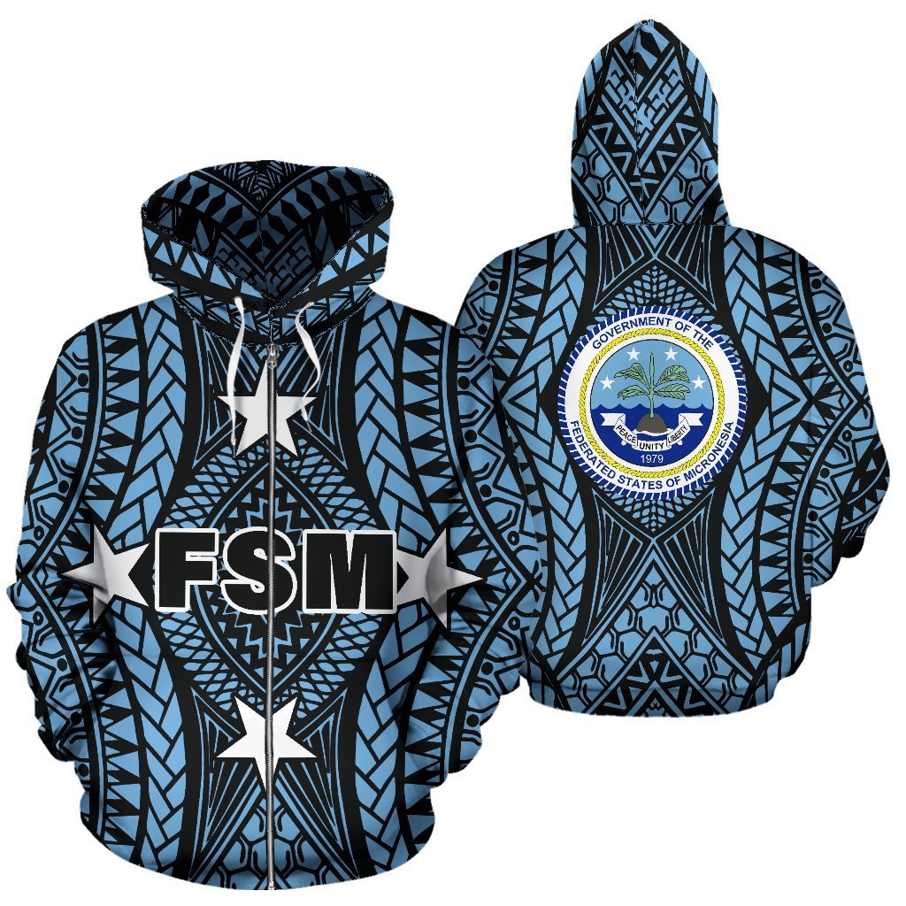Federated States of Micronesia All Over Zip up Hoodie FSM Central Unisex Blue - Polynesian Pride