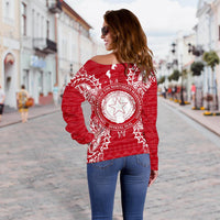 Northern Mariana Islands Polynesian Shoulder Sweater Map Red White - Polynesian Pride
