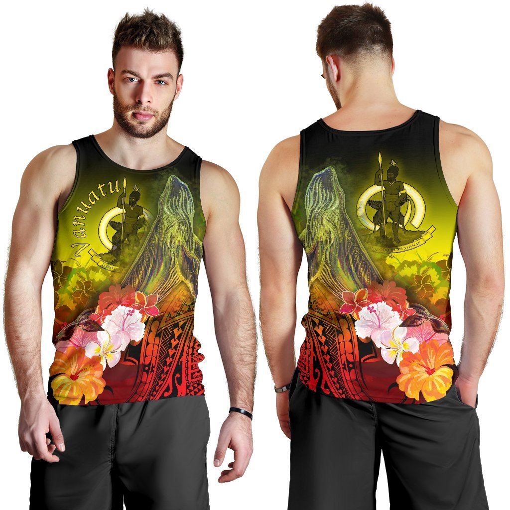 Vanuatu Men's Tank Top - Humpback Whale with Tropical Flowers (Yellow) - Polynesian Pride