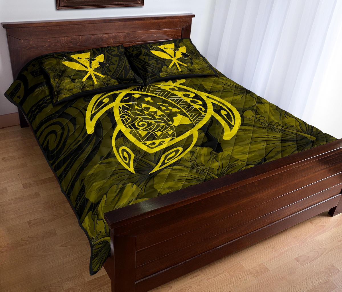 Hawaii Turtle Kanaka Map Hibiscus Poly Quilt Bed Set - Yellow - Polynesian Pride