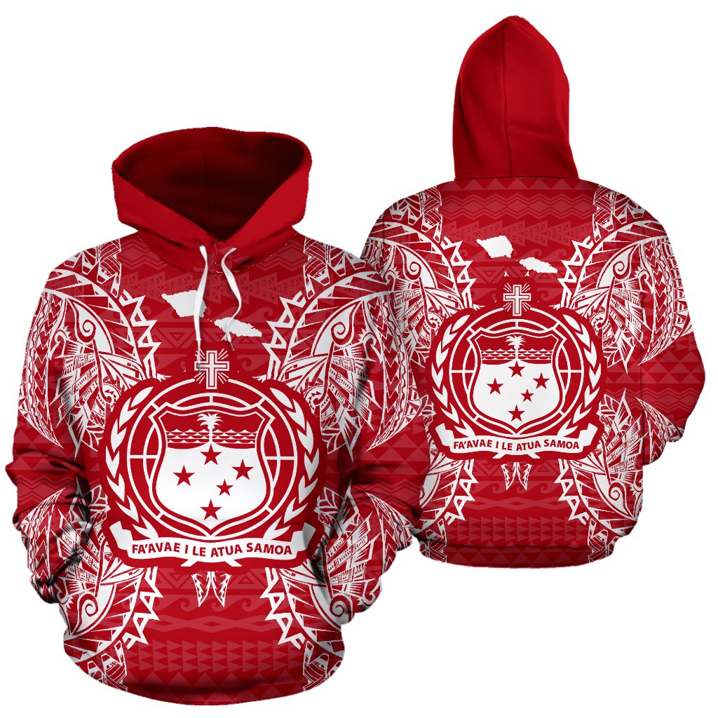 Samoa Polynesian ll Over Hoodie Map Red White Unisex Red nd White - Polynesian Pride