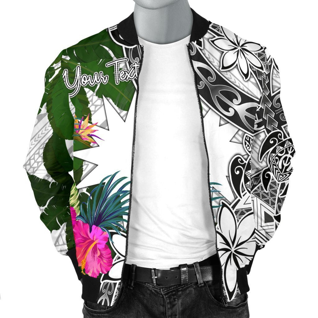 Nauru Custom Personalised Men's Bomber Jacket White - Turtle Plumeria Banana Leaf - Polynesian Pride