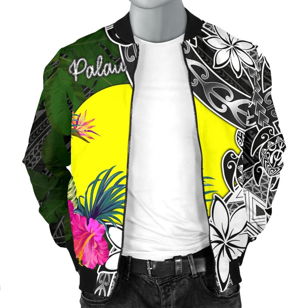 Palau Men Bomber Jacket - Turtle Plumeria Banana Leaf - Polynesian Pride