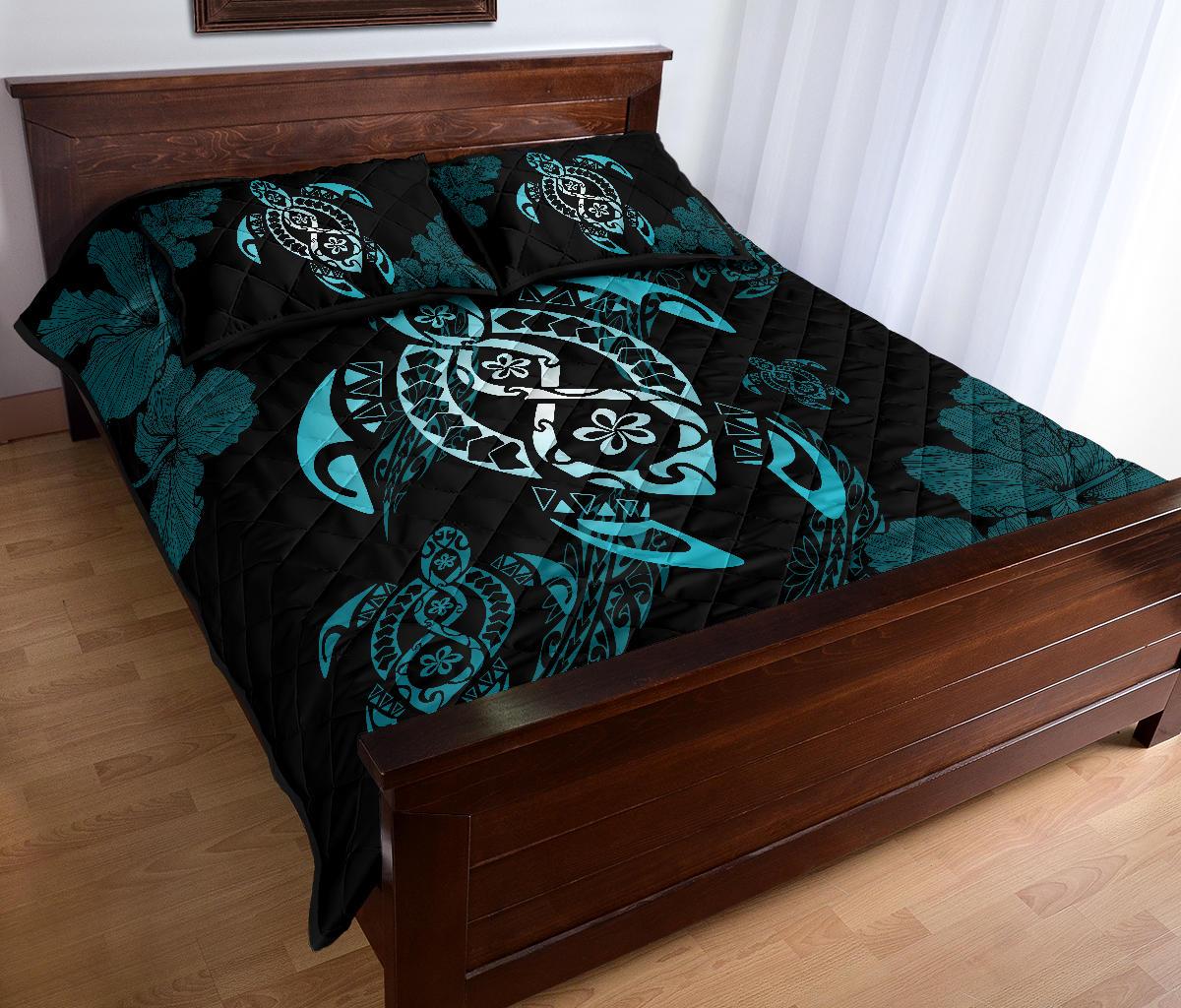 Hawaii Quilt Bed Set - Hawaii Polynesian Turtle Quilt Bed Set Flow Of Turtle Blue - Polynesian Pride