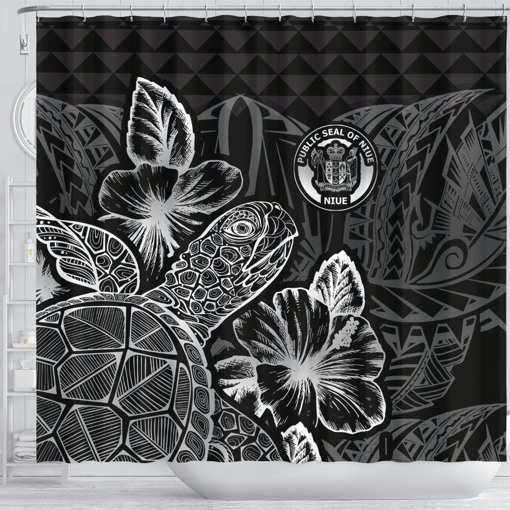 Niue Shower Curtain Turtle Hibiscus Black - Polynesian Pride