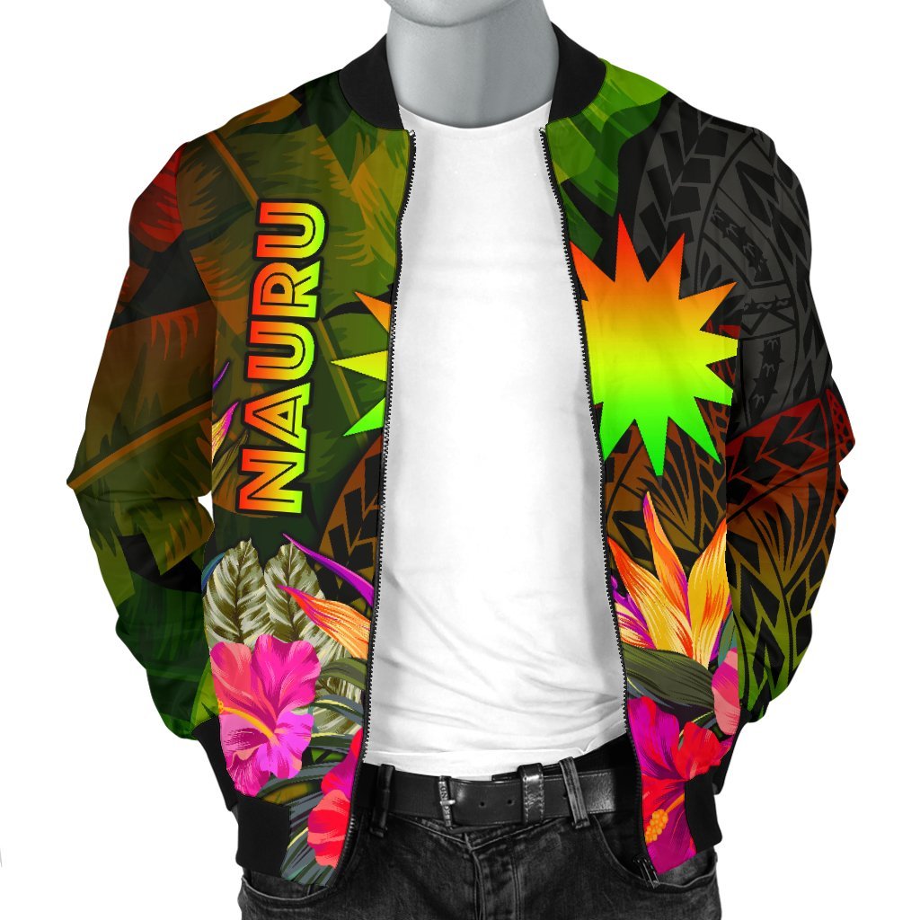 Nauru Polynesian Men's Bomber Jacket - Hibiscus and Banana Leaves - Polynesian Pride