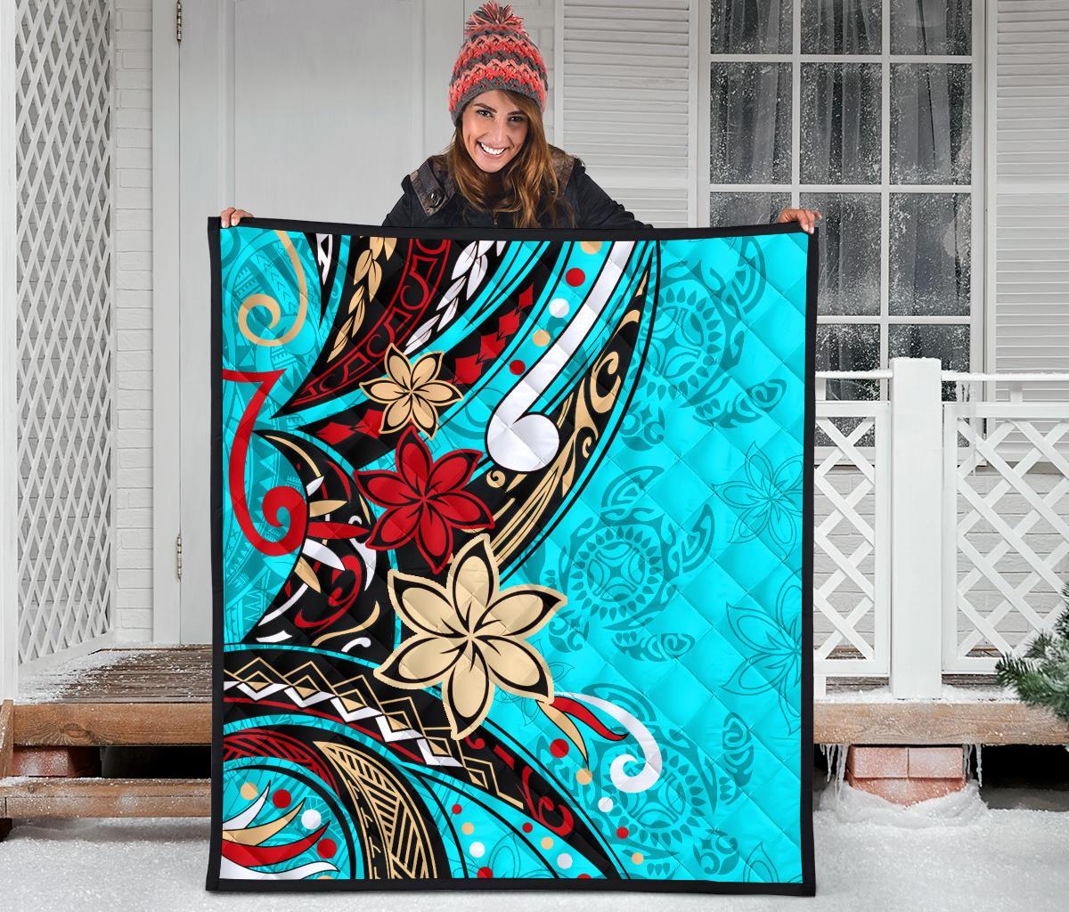 Polynesian Premium Quilt - Tribal Flower With Special Turtles Blue Color - Polynesian Pride