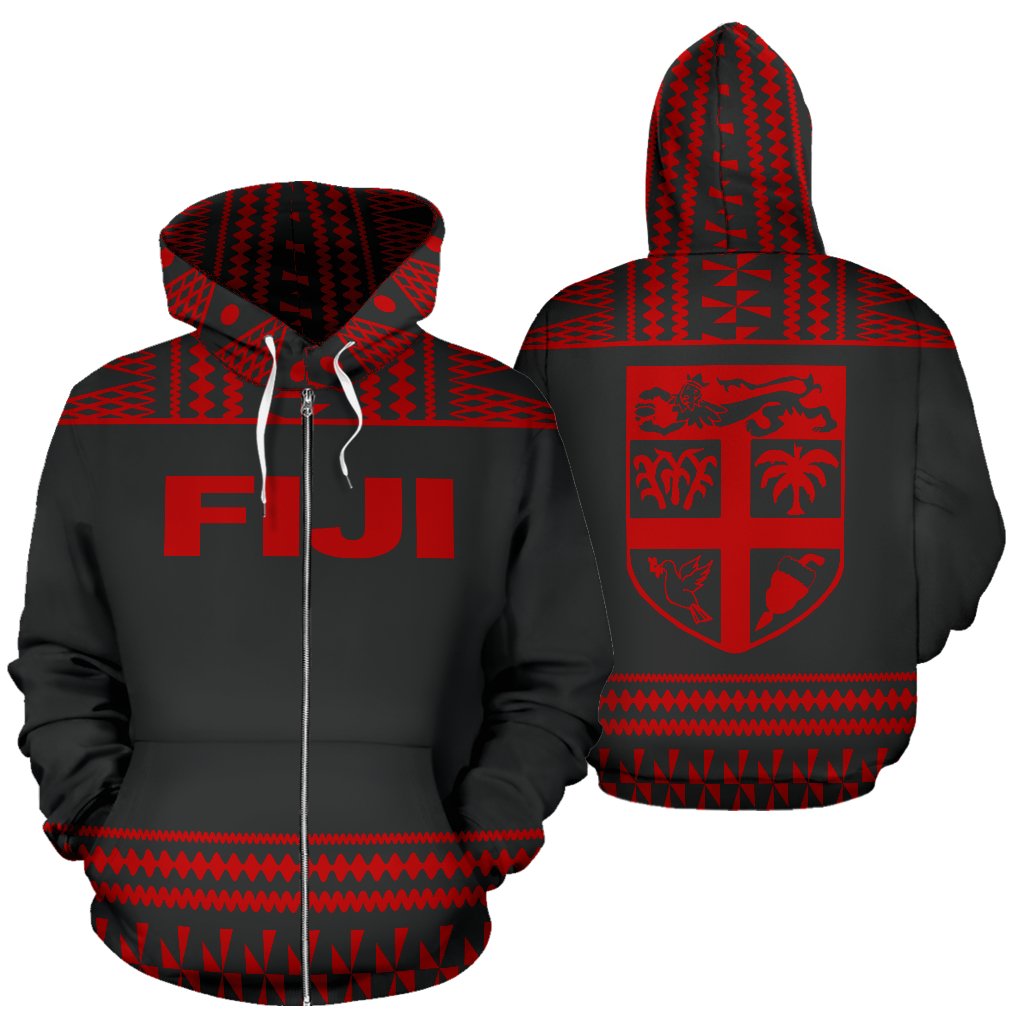 Fiji Tapa All Over Zip up Hoodie Red and Black Version Unisex Red And Black - Polynesian Pride
