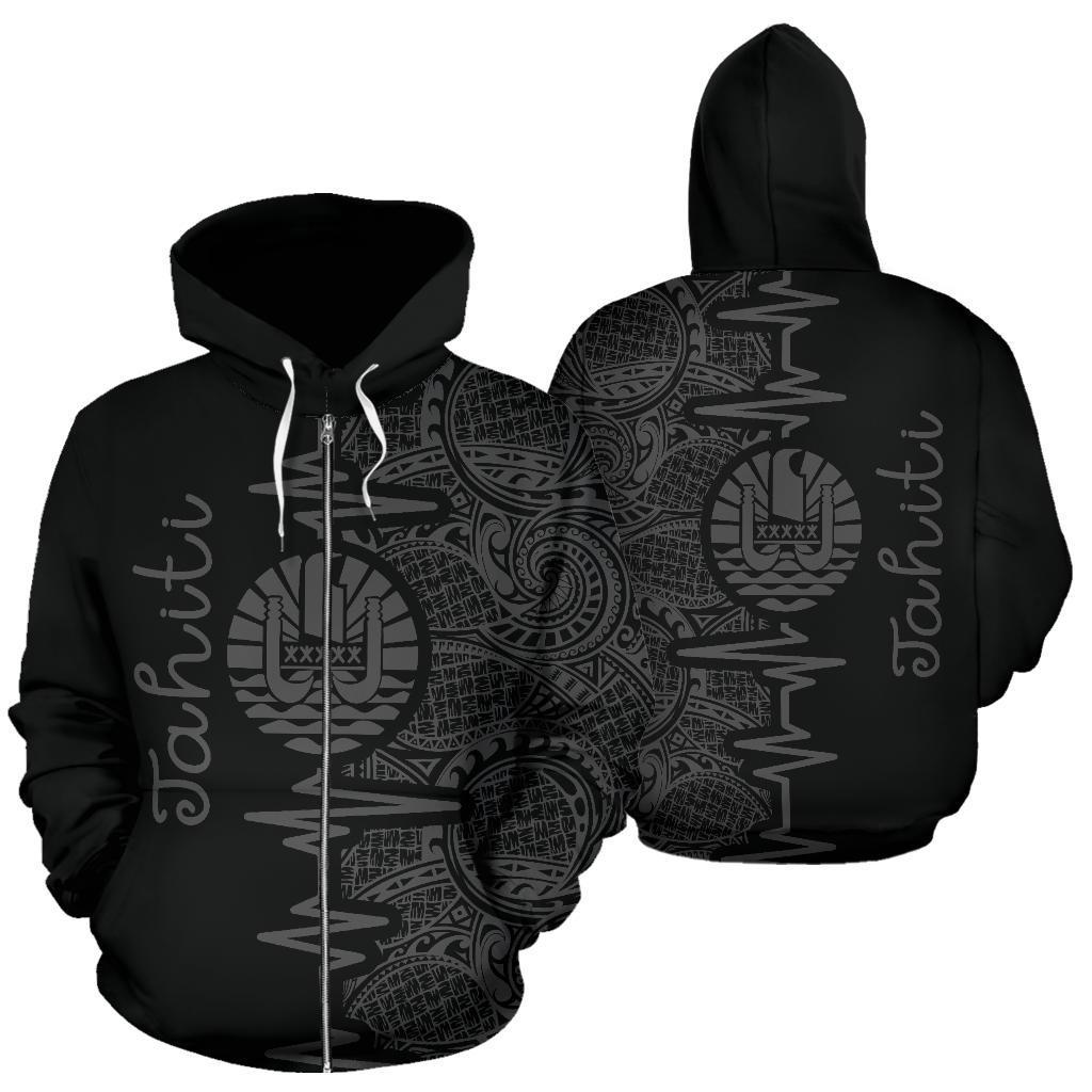 Tahiti Polynesian Zip up Hoodie Tahiti Flag Heartbeat Pattern Gray Version TH0 Unisex Gray - Polynesian Pride
