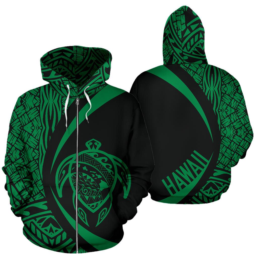 Polynesian Turtle Map of Hawaii Zip Hoodie Green Circle Style Unisex Green - Polynesian Pride