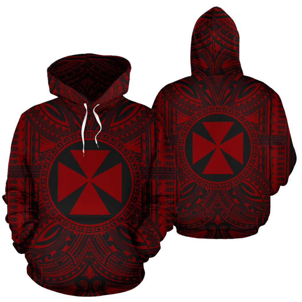 Wallis nd Futuna ll Over Hoodie Wallis nd Futuna Coat of rms Polynesian Red Black - Polynesian Pride