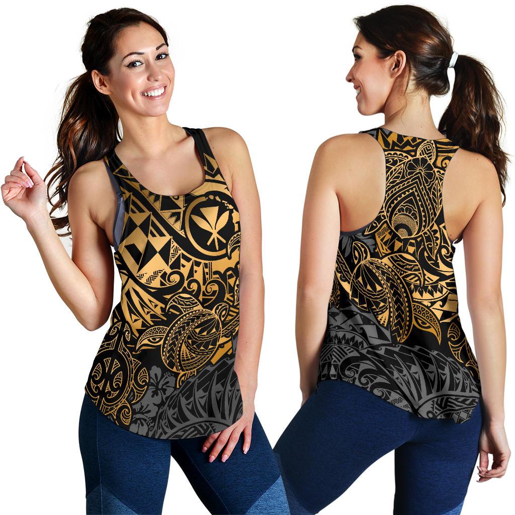 Polynesian Hawaii (Kanaka Maoli) Women's Racerback Tank - Gold Turtle Hibiscus Flowing - Polynesian Pride