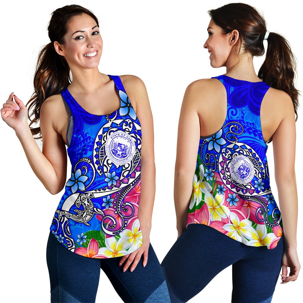 Hawaii Polynesian Women's Racerback Tank - Hawaii Seal With Turtle Plumeria (Blue) Blue - Polynesian Pride