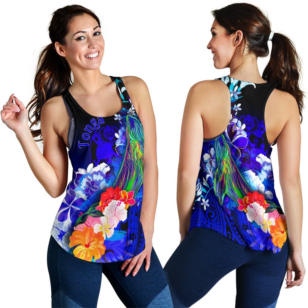 Tonga Women's Racerback Tank - Humpback Whale with Tropical Flowers (Blue) Blue - Polynesian Pride