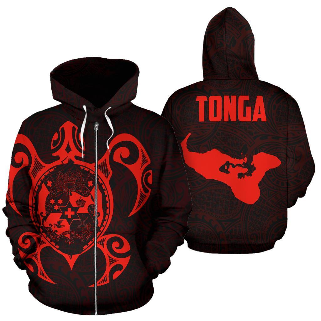 Tonga Polynesian Zip up Hoodie Tonga Coat of Arms In Turtle Map Red Unisex Red - Polynesian Pride