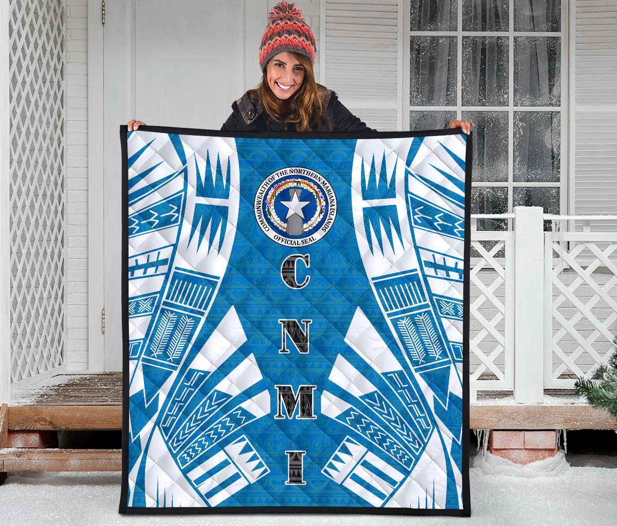 Northern Mariana Islands Premium Quilt - Northern Mariana Islands Seal Polynesian White Tattoo (Blue) - Polynesian Pride