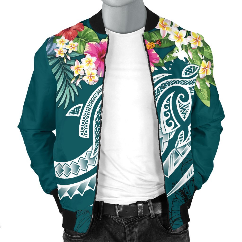 Papua New Guinea Polynesian Men's Bomber Jacket - Summer Plumeria (Turquoise) - Polynesian Pride
