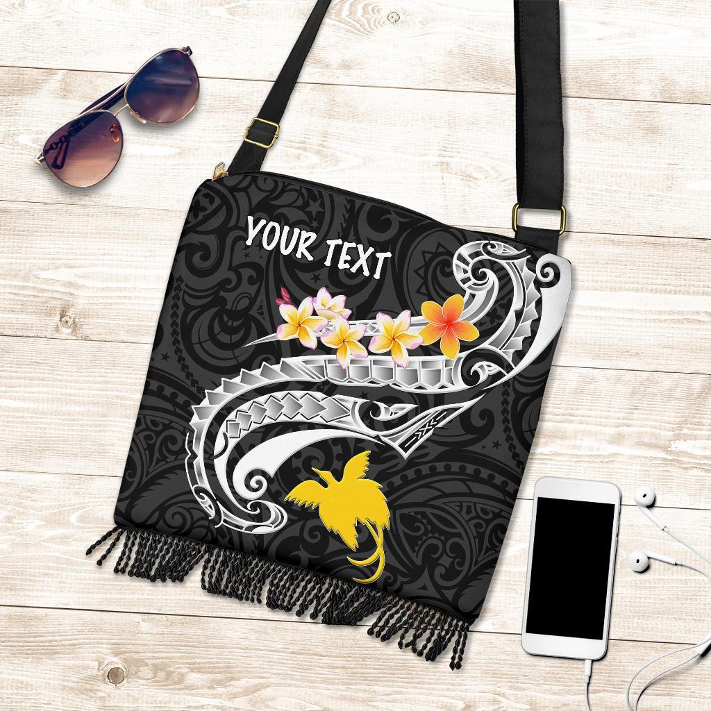 Papua New Guinea Custom Personalised Crossbody Boho Handbag - PNG Seal Polynesian Patterns Plumeria (Black) One Style One Size Black - Polynesian Pride