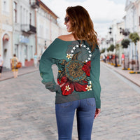 Cook Islands Women's Off Shoulder Sweater - Blue Turtle Tribal - Polynesian Pride
