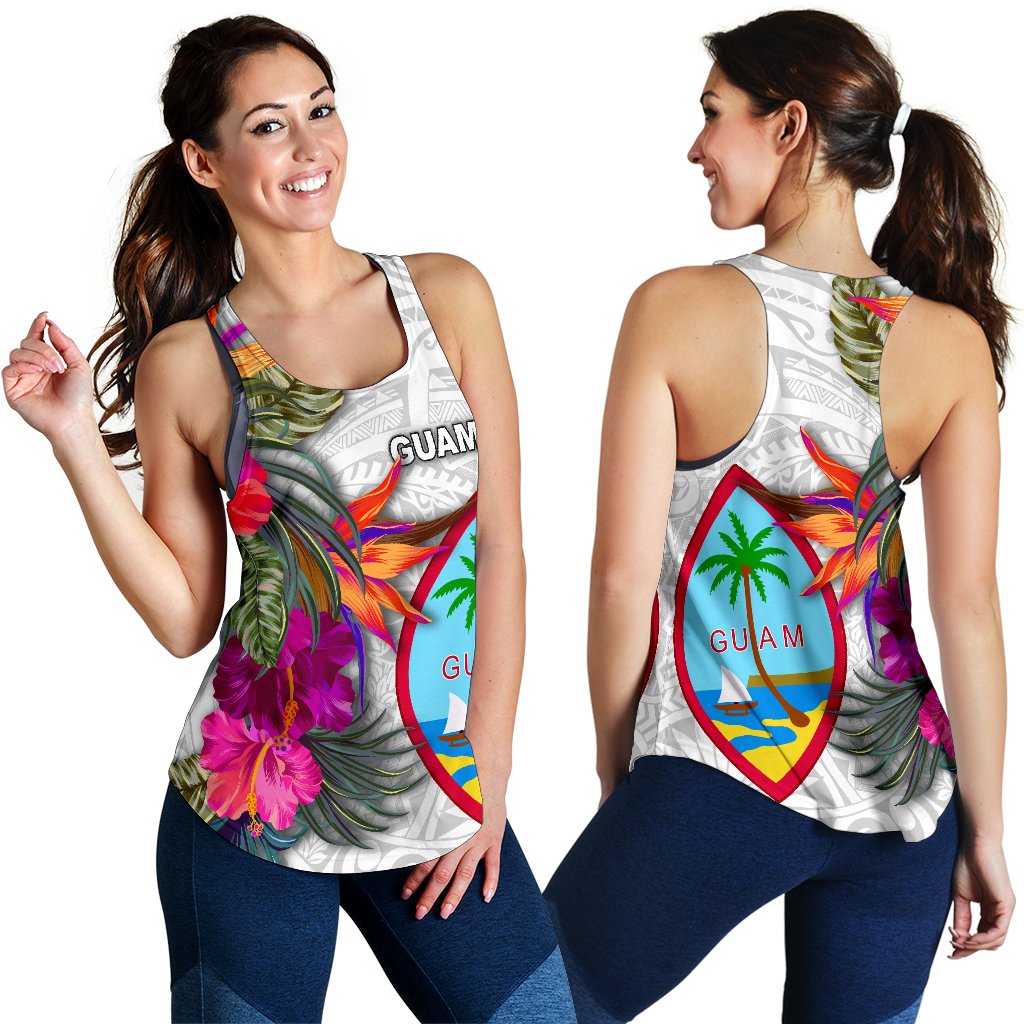 Guam Women's Racerback Tank Polynesian Hibiscus White Pattern White - Polynesian Pride