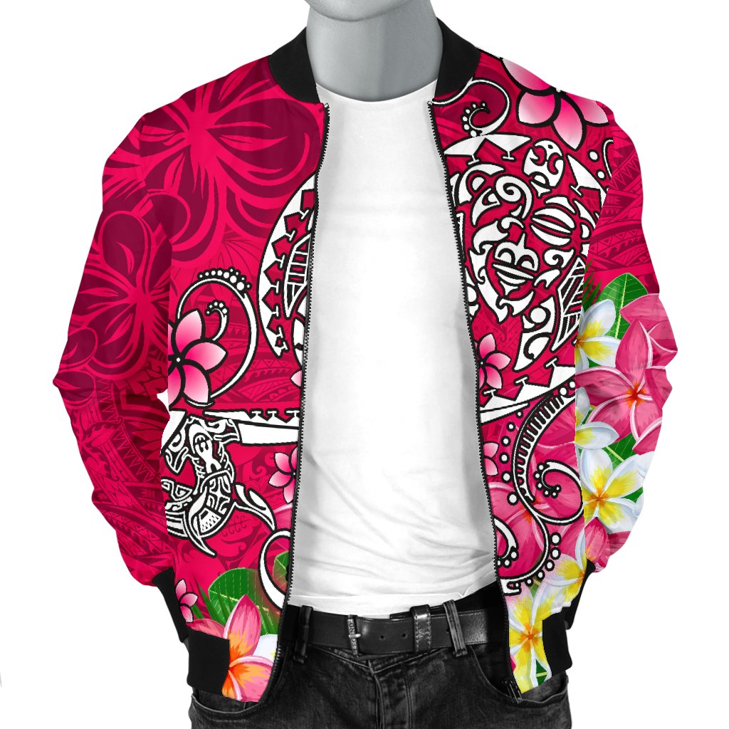 Polynesian Men's Bomber Jacket - Turtle Plumeria Pink Color - Polynesian Pride