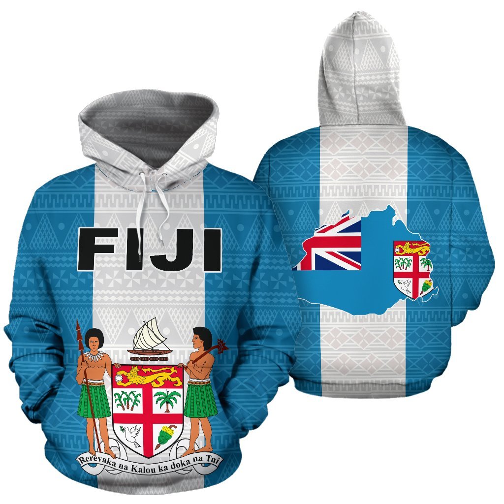 Fiji Polynesian All Over Hoodie Flag and Coat of Arm Unisex Blue - White - Polynesian Pride