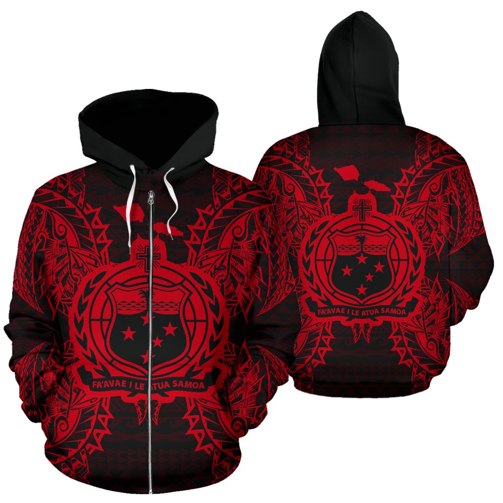 Samoa Polynesian All Over Zip up Hoodie Map Red Unisex Red - Polynesian Pride