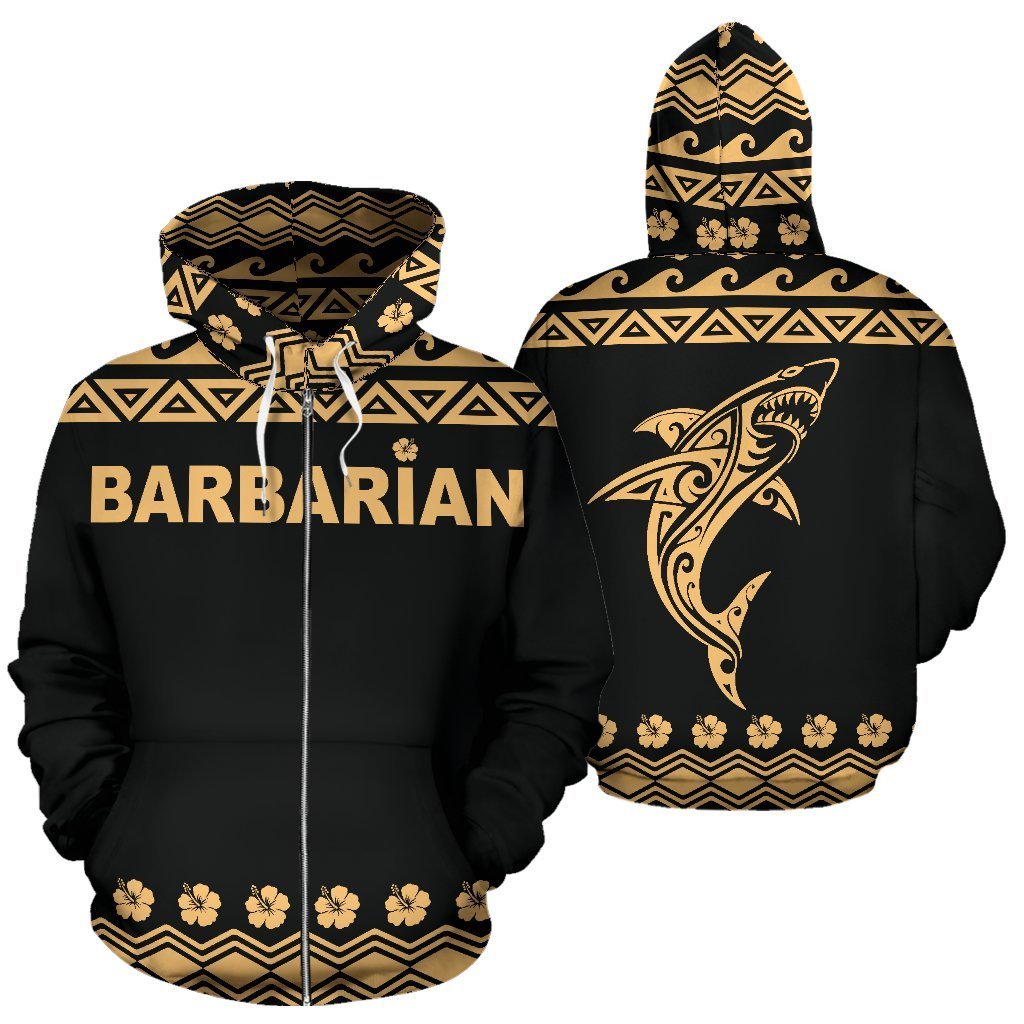 Barbarian All Over Zip up Hoodie Polynesian Shark Hoodie Unisex Gold - Polynesian Pride