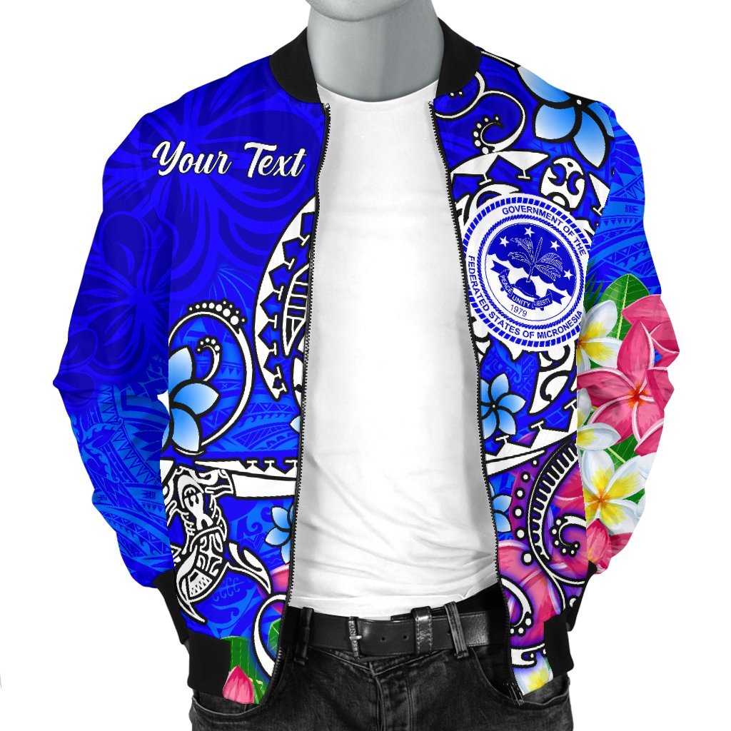 FSM Custom Personalised Men's Bomber Jacket - Turtle Plumeria (Blue) - Polynesian Pride